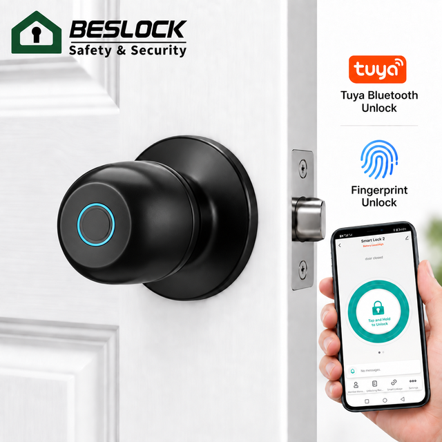 Smart Fingerprint Door Knob Tuya App Control Stainless Steel Keyless Entry Round Interior Wooden Door Lock