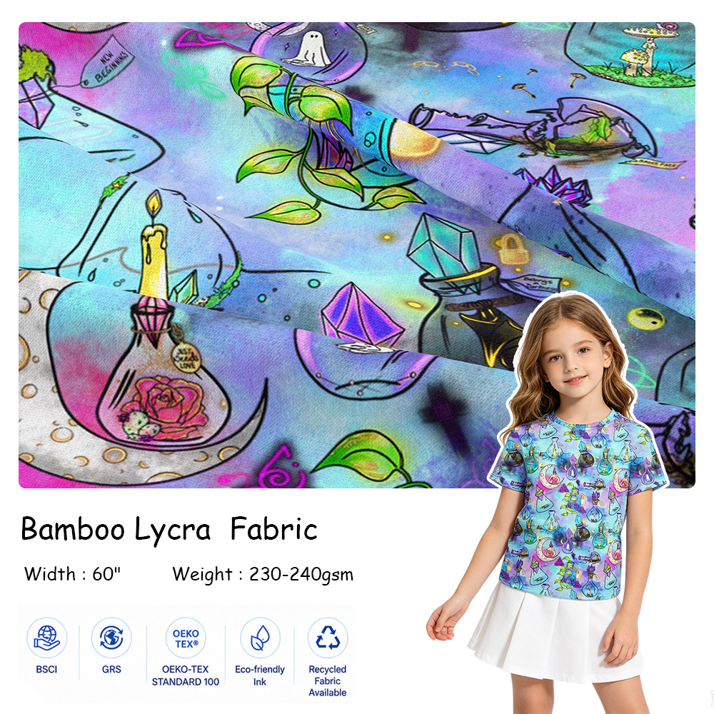 New Design Custom Digital Printed Organic Bamboo Spandex Fabric Bamboo Fiber Fabric Sample Free Anti Bacterial for Kid Cloth