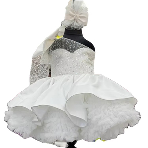 Stile europeo monospalla abito da sposa ragazza a <span class=keywords><strong>maniche</strong></span> <span class=keywords><strong>lunghe</strong></span> soffice maglia abito da principessa per bambini grande fiocco abiti da compleanno per ragazze - Product Image 3