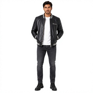 Men's Black PU Leather Bomber Jacket With <b>Patch</b> Design Zipper Closure Turn-down Collar <b>Slim</b> Fit Autumn Wear - Product Image 1