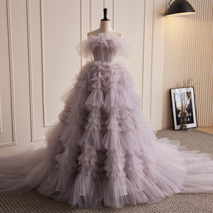 Ethereal Light Wedding Dress Strapless Ball Gown Tulle Natural Waistline Red Bean Paste Powder Color Vintage Style - Product Image 1