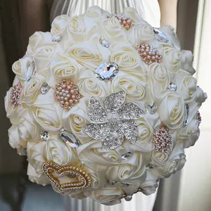 Luxurious Elegant Pe Waterfall Rose Crystal Diamond Hand Flower Bride Wedding Bouquet For Wedding Bridal Holder Arrangement