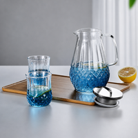 Conjunto de Jarra de Água de Vidro Borossilicato Transparente Azul com Gradiente Artístico 1500ml com Copo de 300ml para Chá Gelado e Água