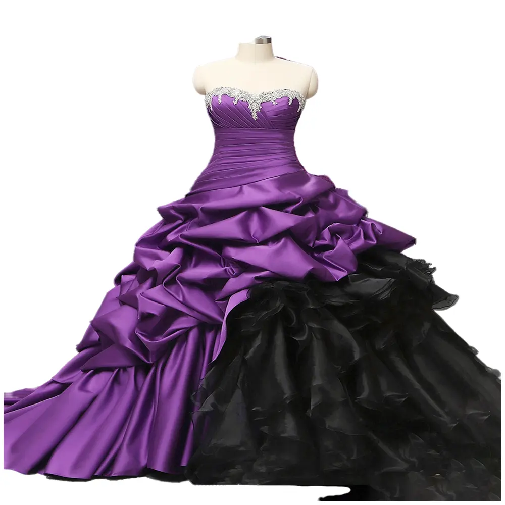 Mumuleo mor ve siyah düğün elbisesi dantelli katmanlı etek uzun sevgiliye tafta gelinlikler artı boyutu gotik gelin elbiseler