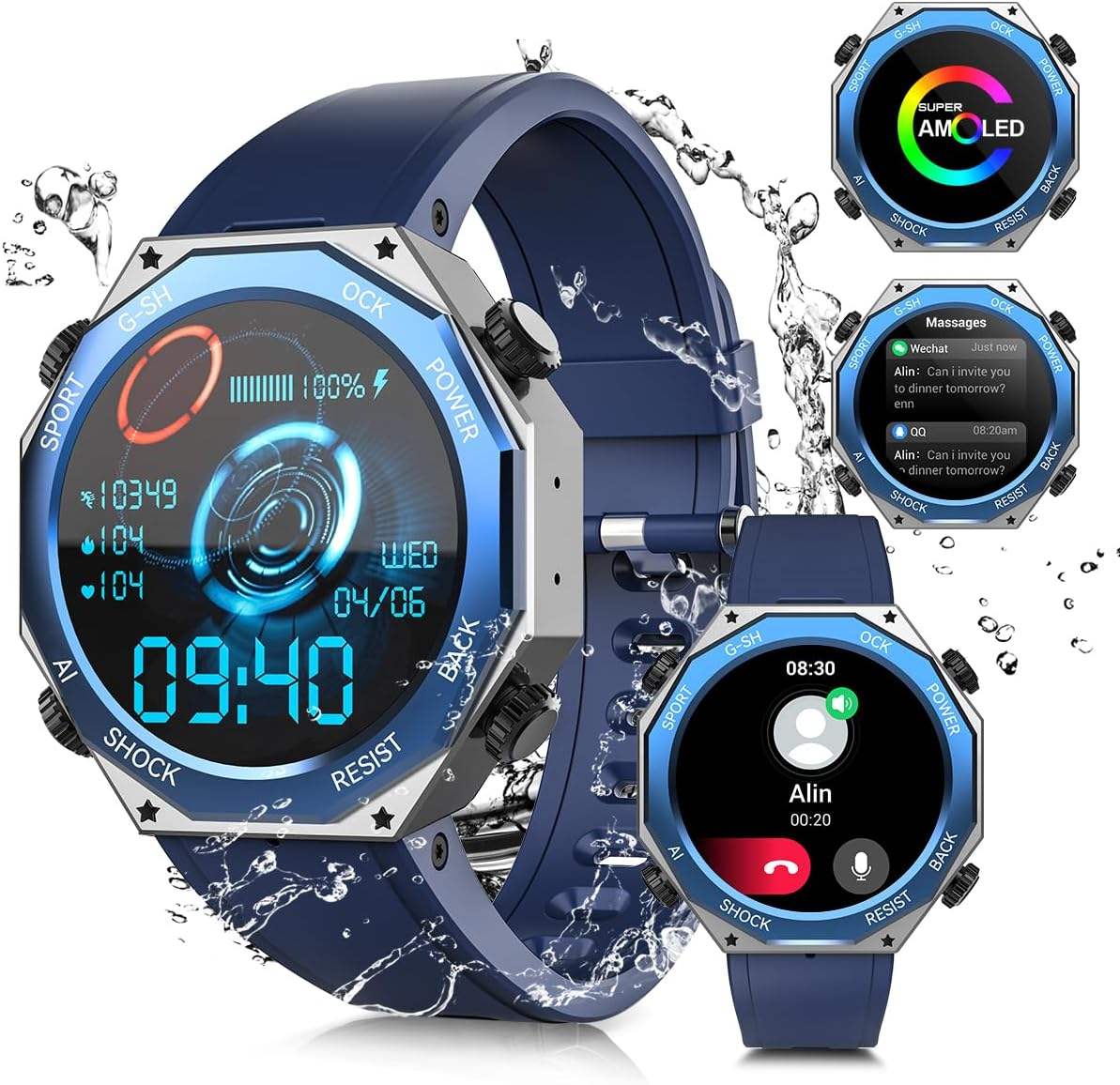 Smart Watch for Men IP69 Waterproof Fitness Tracker with Heart Rate Blood  Pressure SpO2 Smartwatch for iPhone Android Phones