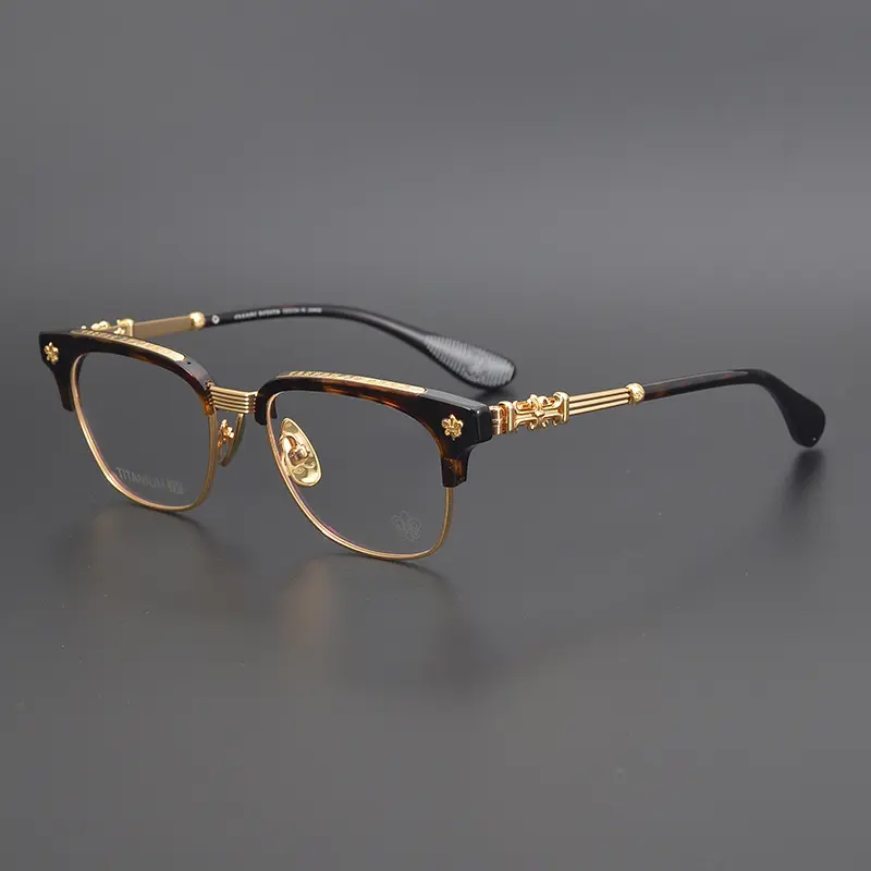 High-End Handmade Carved Eyewear pure titanium medium gold glasses luxury Italian acetate half frame myopia glasses frame