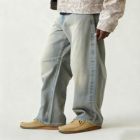 Jeans en denim pour hommes, OEM personnalisé, haute qualité, vintage, coton lourd, ample, jambe large, couleur bleu ciel japonais, délavé