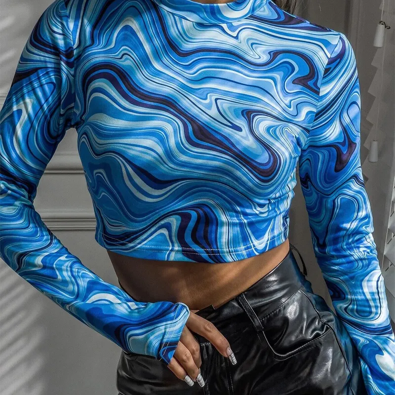 Custom Woman Tops Fashionable Blue Marble Print O Neck Ladies Tops Long Sleeve Women's Crop Top