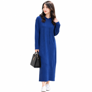 Robe pull maxi en tricot bleu pour femme, à capuche, manches longues, décontractée, pour l'automne, couleur unie, coupe ample, longueur totale - Product Image 1