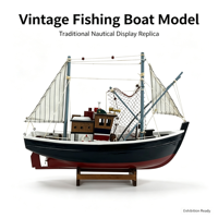 Modèle de bateau de pêche vintage personnalisé avec coque noire, fond rouge, deux mâts et détails de filet de pêche