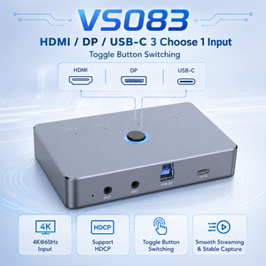 Tarjeta de Captura de Video 3 en 1 4K*60Hz: Entrada <span class=keywords><strong>HDMI</strong></span>/<span class=keywords><strong>DP</strong></span>/USB-C Seleccionable, Salida en Bucle, USB-B3.0, Transmisión PD100W, Micrófono/Audio, Carcasa de Aluminio+ABS - Product Image 3