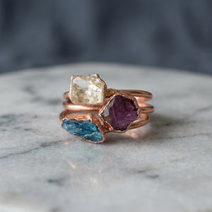 18K Gold Plated Handmade Bohemian Minimalist Gemstone <b>Ring</b> with Natural Rough Lemon Quartz Apatite Amethyst Stones Unisex - Product Image 3