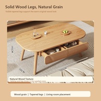 Table basse moderne en bois avec deux tiroirs et étagère de rangement ouverte, bord arrondi, table centrale pour salon et maison