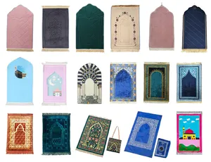 Tapis de voyage en Polyester de différentes couleurs, tapis de prière islamique rouge Portable avec poche boussole imperméable