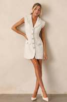 Mini robe col cranté modeste à boutons pour femme Église luxe sans manches décontracté fourreau en tweed blanc pour femme