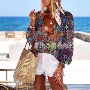 Women's 3D Printed Geometric Pattern Shirt Long Sleeve V Neck Holiday <b>Blouse</b> Summer Casual Top With Stand Collar Style - Product Image 4