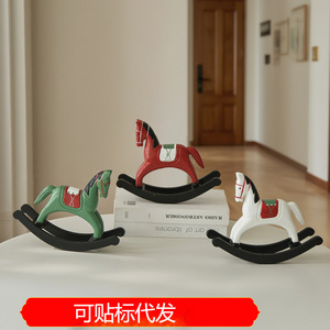 Cheval à bascule en bois, ornement de bureau, rouge, blanc, vert, style européen vintage, modèle pour salon, bureau, cave à vin - Product Image 5