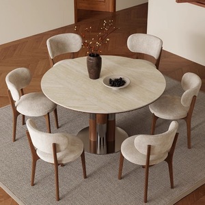 Mountain Moon Dining <b>Table</b> Round Extendable Solid Wood Telescopic Slab Modern Light Luxury High End <b>Folding</b> Dining Set - Product Image 3