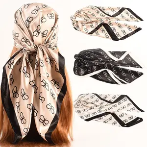 Sample free satin scarf with custom logo 90*90 hair women printed square wrap luxury bandana wholesale stylish designer muslim
