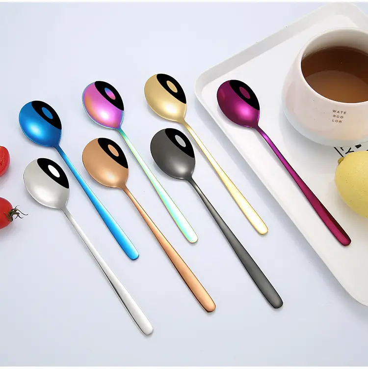מוצר חדש צבעוני ידית עגול טיטניום קפה כוסות רוח כפית נירוסטה קוריאני סגנון כפית
