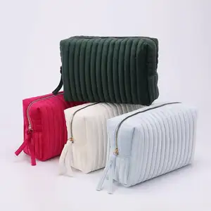 High quality square shape padded terry embroidered velvet quilted/ fluffy makeup cosmetic bag hand quilted