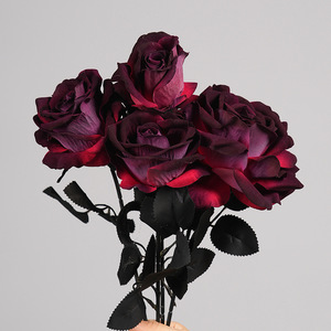 Rose artificielle Greenway rouge foncé en PVC, tige entière, arrangement floral décoratif pour les fêtes et les festivals - Product Image 1