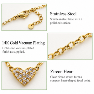 Collier en forme de cœur en zircon, acier inoxydable, plaqué or 14 carats, chaîne réglable 40 + 5 cm, 1 cm, 4,3 g - Product Image 3