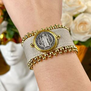 Brass Beads Cross Saint Benedict Religion Wrap <b>Bracelet</b> Handmade Woven <b>Trendy</b> Women's Party - Product Image 3