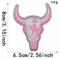 Patch crâne de taureau bleu de 3 pouces en gros avec cornes de taureau roses à paillettes argentées broderie thermocollante Western Cowgirl Trucker Hat Patch
