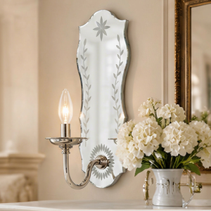 Vintage Handmade Durable Glass <b>Wall</b> Mounted Mirror Sconce with Floral Etching and Single Candle <b>Light</b> Fixture for Entryway - Product Image 1
