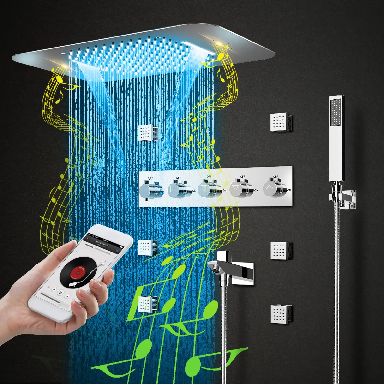 Embedded Villa Matte Black Thermostatic Complete Shower System Smart LED Music Rain Shower Head Speaker Bathroom Faucets