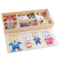 Jeu de puzzle éducatif 3D en bois Famille de lapins, 4 personnages, tenues à assortir, jeu de simulation créatif, unisexe, CE CPC, vente en gros
