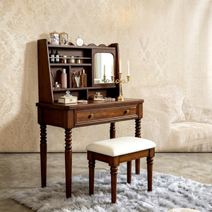 Retro Turned Leg Solid Wood Dressing <b>Table</b> <b>Set</b>, Brown Vanity Desk with Open Storage Rack & Side Mirror + Cushioned <b>Stool</b> for Bed - Product Image 1