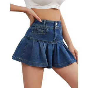 Юбки Женские повседневные синие джинсовые мини-юбки Женская мода корейский плиссированный подол джинсы короткая юбка