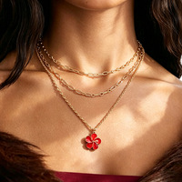 Collier pendentif fleur superposé vintage pour femme, breloque florale en émail rouge et blanc, chaîne de clavicule dorée, bijoux de mode