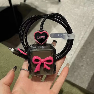 Korea Cute 3D Rose Red Bow Charger Cover for IPhone 17 16 15 14 18/20W Transparent Black Charge Protection Cover Charger Sleeve