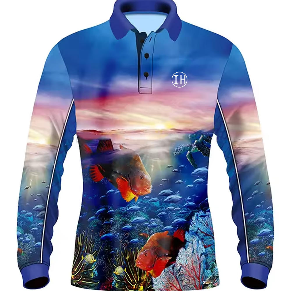 Factory High Quality Fishing Polo Shirts for Men Fashion Underwater World  Printed Long Sleeve Shirt Button Lapel Tops