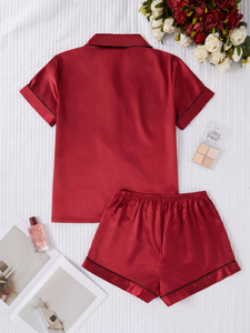 <span class=keywords><strong>Pigiama</strong></span> da <span class=keywords><strong>donna</strong></span> elegante <span class=keywords><strong>rosso</strong></span> a tinta unita con risvolto liscio e vita elasticizzata - Product Image 2