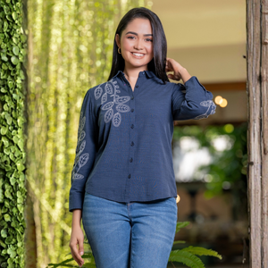 Blusa de Lino de Lujo en Dos Tonos Azul Grisáceo, Transpirable, para Uso en Diferentes Estaciones, para Mujer - Product Image 5