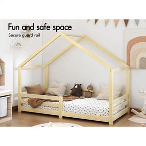 Lit cabane en pin massif pour enfants, inspiré des maisons de poupées, avec barrières de sécurité, pour les enfants de 1 à 6 ans, meubles de chambre à coucher - Product Image 3