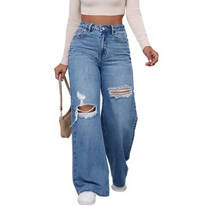 Jeans de Mezclilla de Cintura Alta y Pierna Ancha, Desgastados, Estilo Casual, para Primavera - Product Image 1