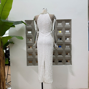 <span class=keywords><strong>Robe</strong></span> élégante pour femme à bretelles, à sequins, longue jusqu'au sol, silhouette en A, <span class=keywords><strong>style</strong></span> <span class=keywords><strong>romantique</strong></span>, cintrée à la taille, avec fermetures éclair et <span class=keywords><strong>style</strong></span> club - Product Image 4