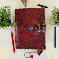 Carnet de notes vintage en cuir avec motif Troisième Œil et bords festonnés, idéal comme livre de sorts Hocus Pocus, cadeau ou décoration d'Halloween