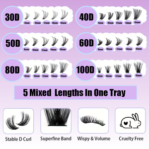 Kit <span class=keywords><strong>de</strong></span> Pestañas Postizas en Racimo DIY al por Mayor 30D 4D 50D 60D 80D 100D 9-16MM Volumen Esponjoso con Pinza para Pestañas y Pegamento para Pestañas - Product Image 2