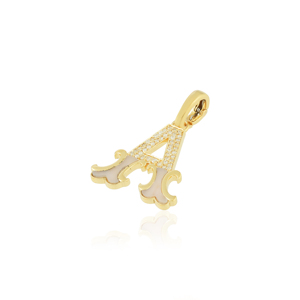Diamond and Yellow Gold Initial A Pendant with Pink Opal An elegant initial 'A' pendant <b>crafted</b> in yellow gold - Product Image 3