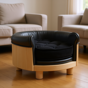 Canapé pour chien en bois de sapin massif, cuir synthétique noir, lit rond pour animaux de compagnie, confortable, luxueux, salon, toutes saisons - Product Image 2