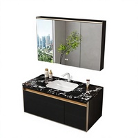Ensemble de meubles de salle de bain mural de luxe moderne, comptoir en ardoise noire, armoire avec miroir, éclairage LED, grain de bois foncé