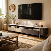 Meuble TV de luxe élégant et moderne, en marbre écologique et durable, couleur crème beige, console arrondie pour salon