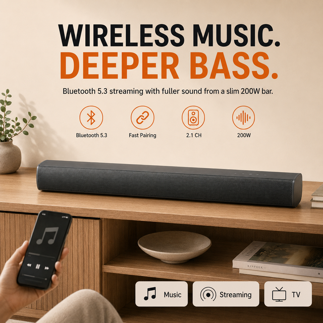 200W 2.1CH Home Audio Soundbar with BT 5.3, ARC, Optical, AUX, USB and Four EQ Sound Modes