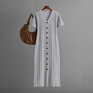 Vestido Casual de Verano para Mujer, Estilo 2026, Cuello en V, Manga Corta, Cintura Larga, Ajustado, Tejido de Punto, Color Puro - Product Image 2